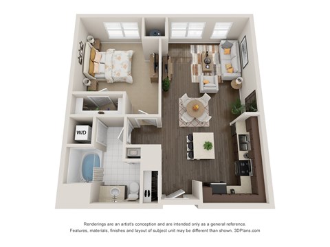 Floor plan for 1 bed, 1 bath, 863 sqft
